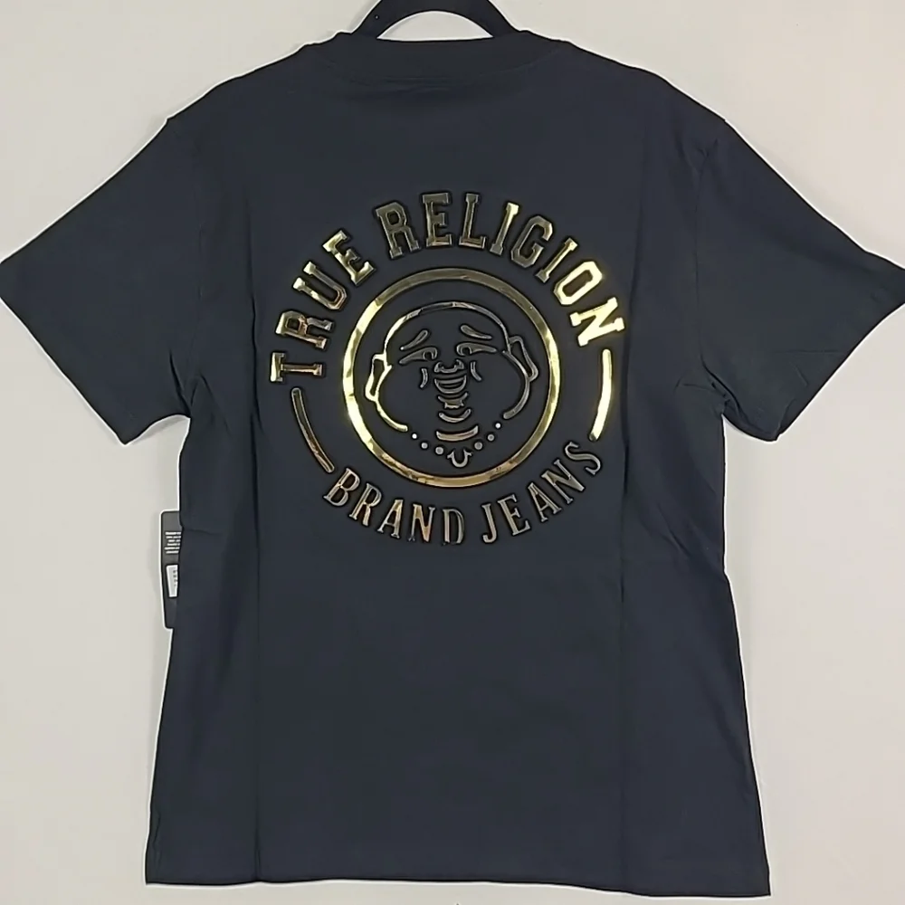 NEW True Religion Men's Emboss Emblem Tee Black & Gold Sz Large